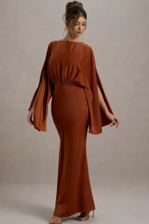 Zuzanna | Rust Draped Maxi Dress With Cape Sleeves