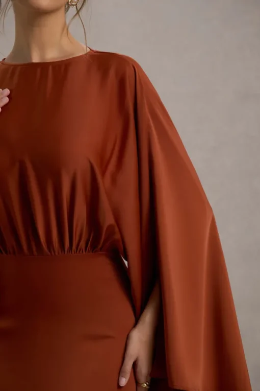 Zuzanna | Rust Draped Maxi Dress With Cape Sleeves